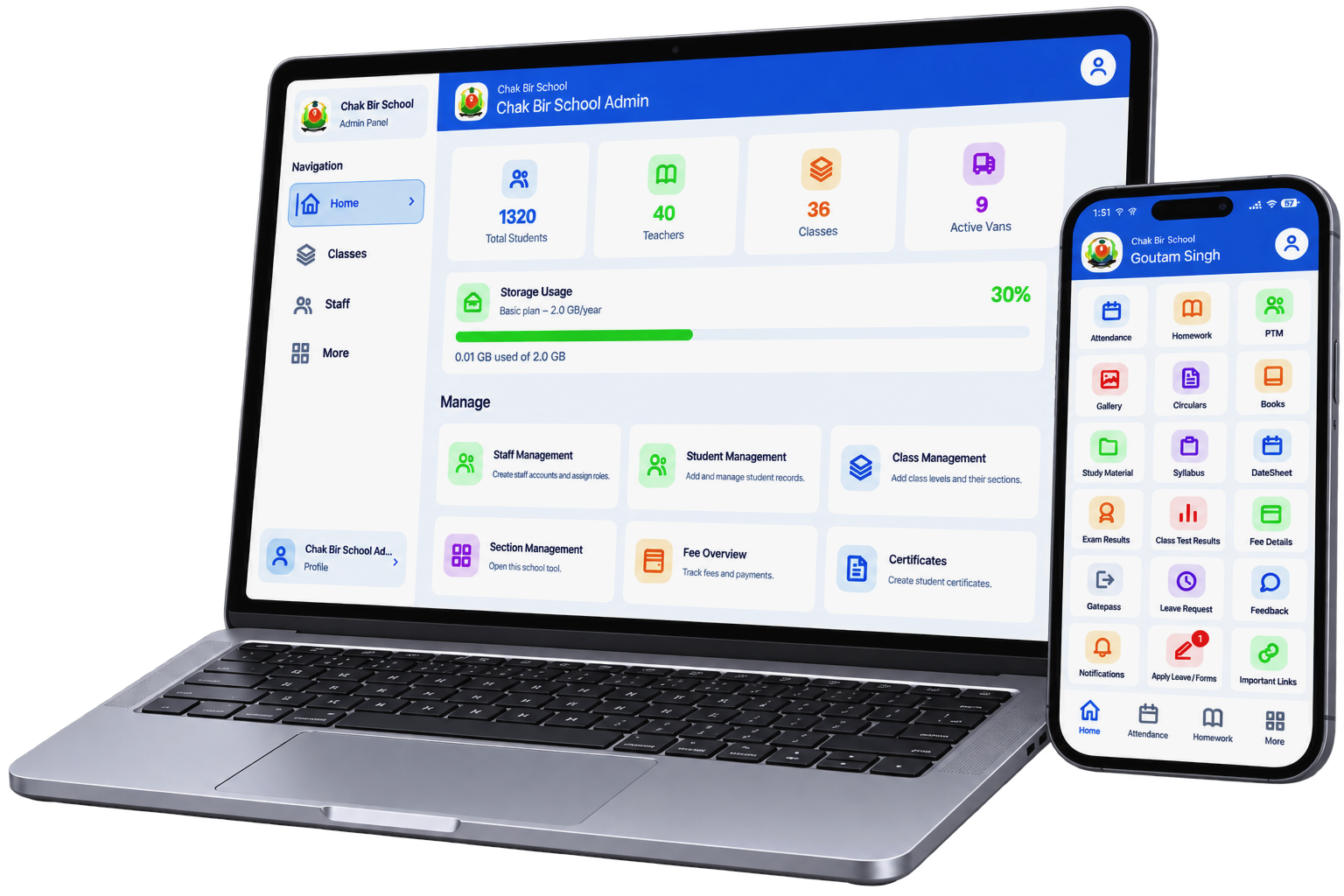MyEduNest School ERP Laptop Admin Panel and Mobile App