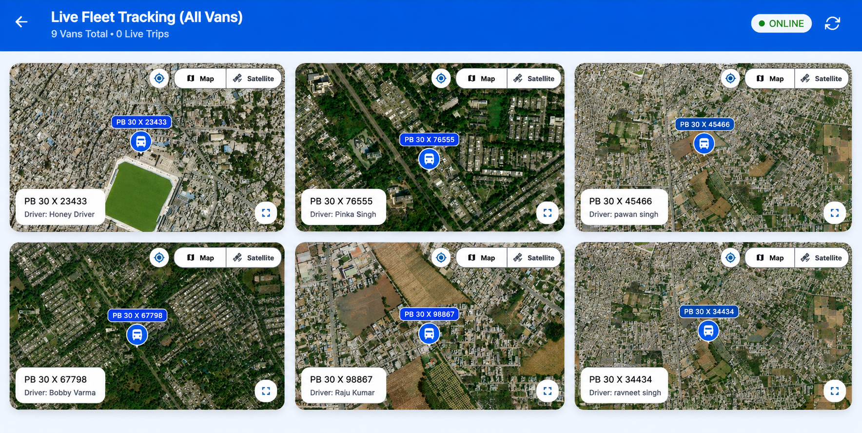 Live All Vans Fleet Tracking Screen